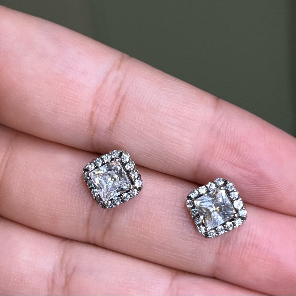 Princess Cut CZ Diamond Square Halo Studs Dainty Small Earrings Jewelry Accessor - Picture 3 of 16